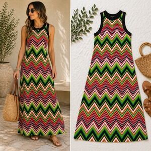 Karen Kane Womens XL Chevron Maxi Dress Multicolor Sleeveless Knit USA Made